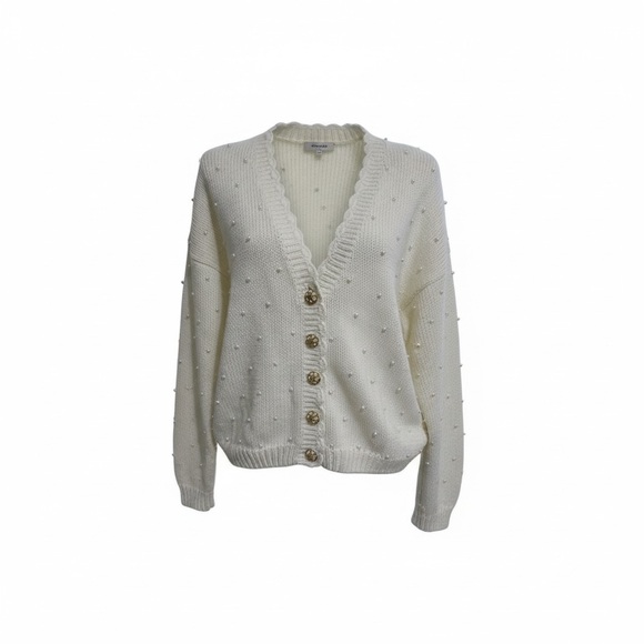 Vtg Knit Cardigan Retro Academia Granny Sweater Cottage Shabby Pearls Large - Picture 2 of 16